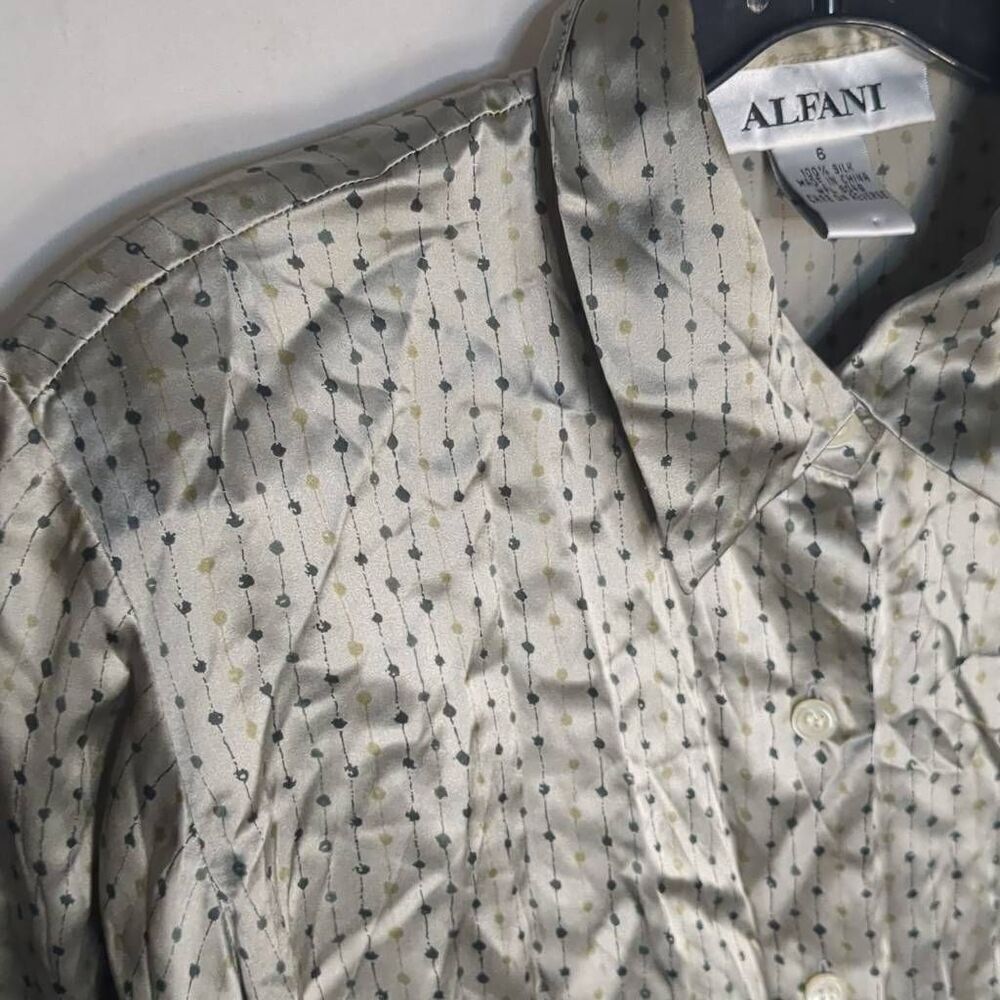 Vintage Alfani Green Gray Polka Dot Green 100% Silk Button Front Women's Small 6